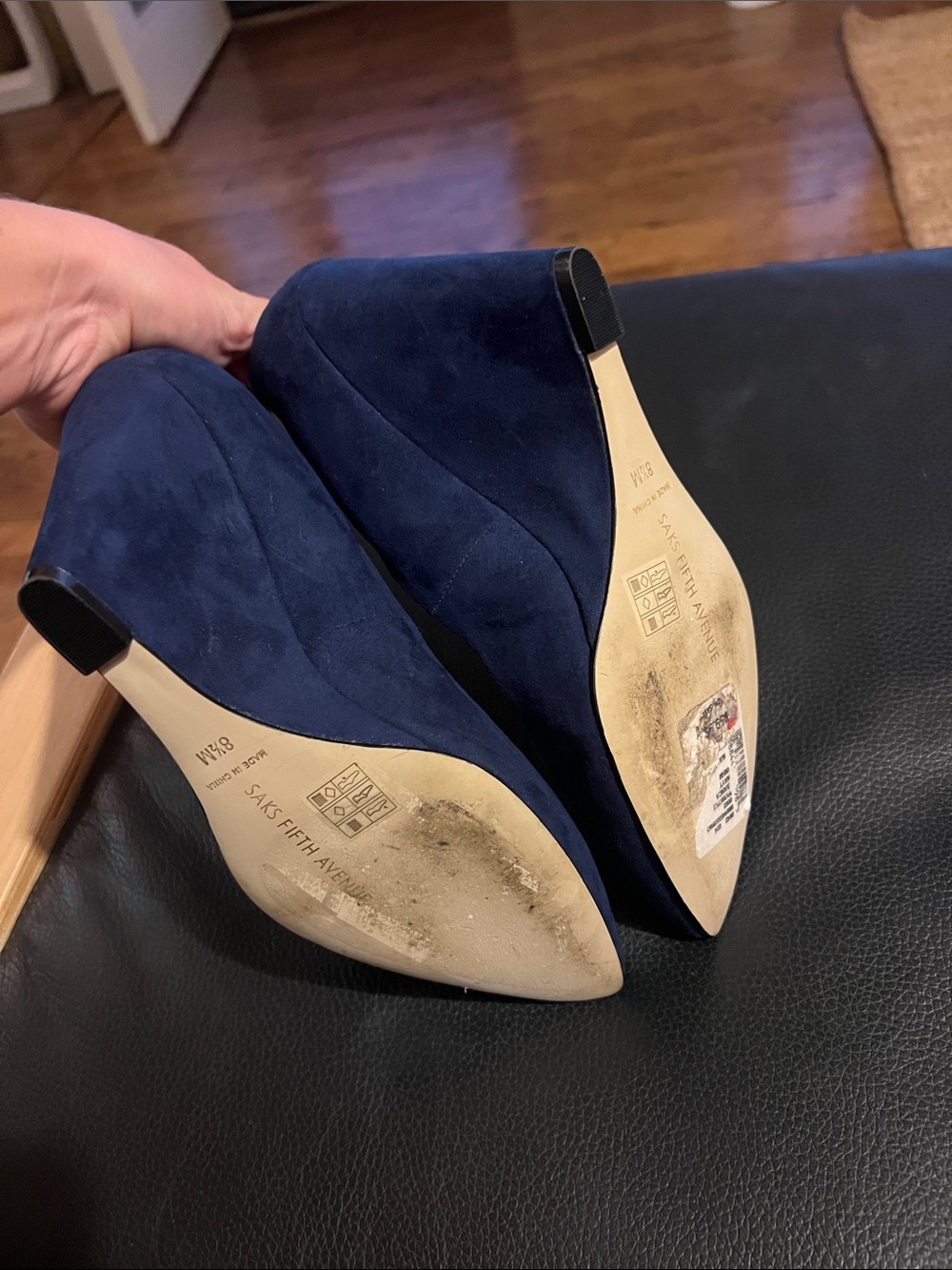 Saks Fifth Avenue Navy Suede Pointed-Toe Wedge Pumps - Picture 4 of 4